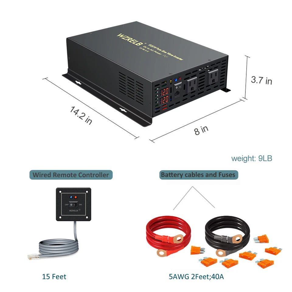 WZRELB Pure Sine Wave Inverter 36V 48V DC to 110V120V AC 1500W Peak 3000w RV NEW - Image 2 of 4