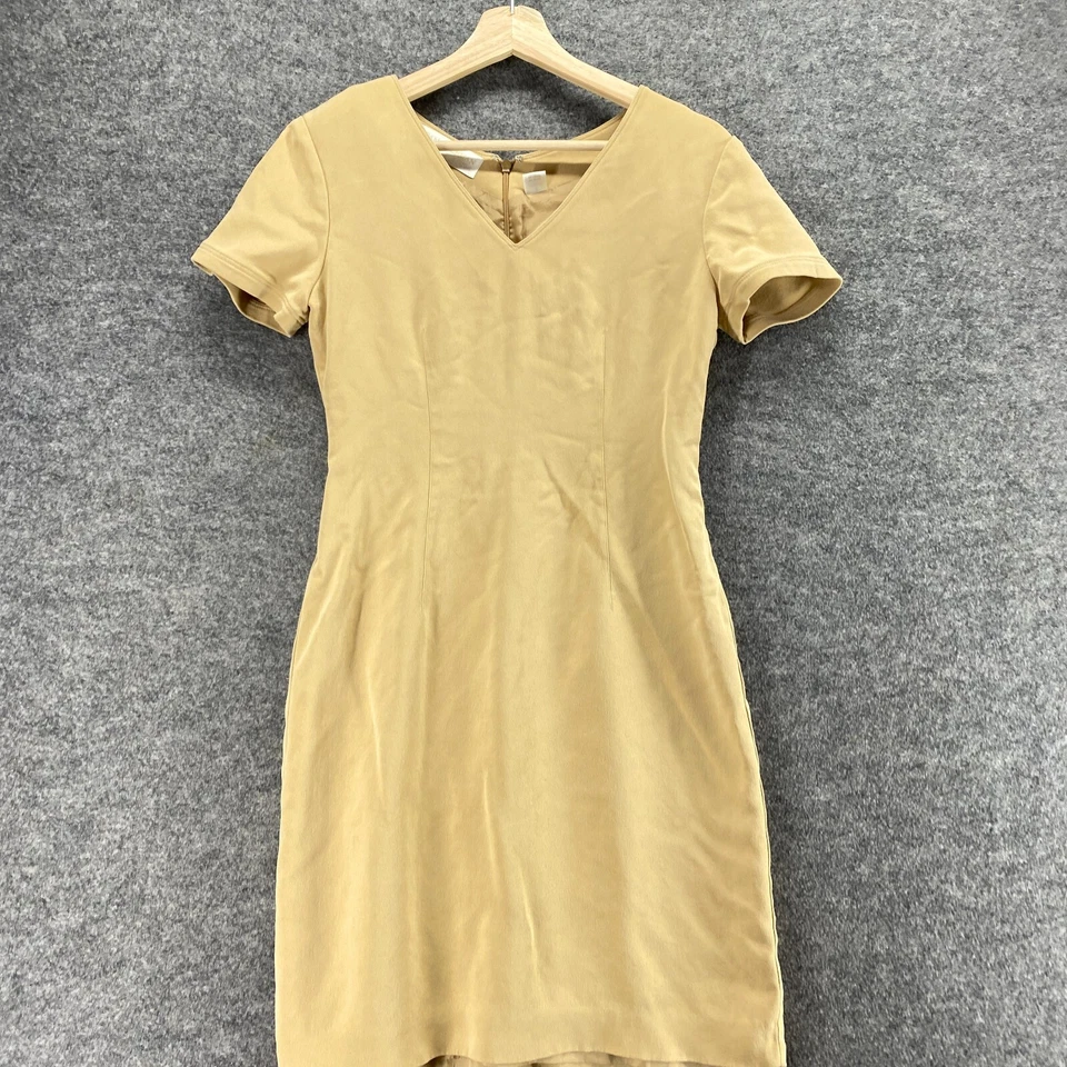 Dana Buchman Dress Women 4 Beige Sheath Midi Silk Zipper V-Neck Short Sleeve - Image 3 of 4