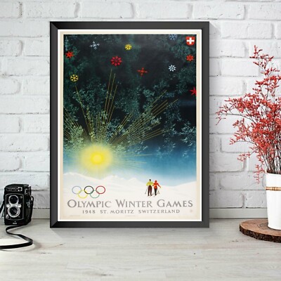 St. Moritz 1948 Olympische Winterspiele Vintage Style Skifahrer Athleten Poster Druck