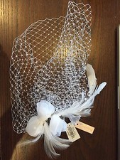 David's Bridal WHITE Netted Bridal Clip with Feather and Pearl Spray VEIL V302