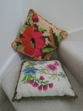 2 Toss Pillows Embroidered Pair of Throw Pillows Floral Front Solid Back Vtg 70s
