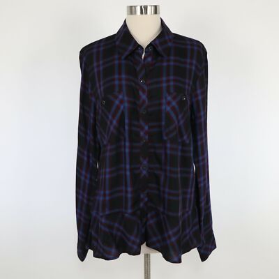 CAbi Button-Up Shirt Blouse M Medium Peplum Moody Check Plaid Black Blue #3431