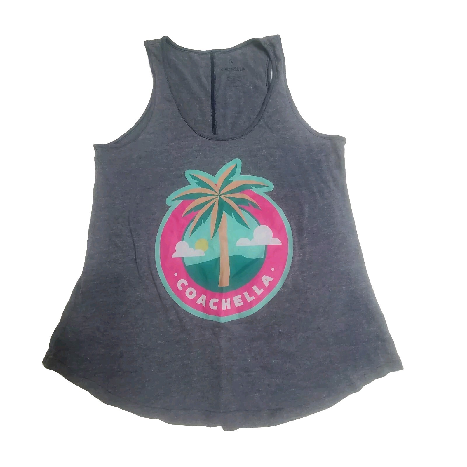 Coachella Womens Medium Grey Cotton Tank Top with Palm Tree Festival Design  -image
