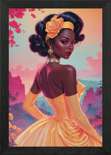 Elegant Black Pin-Up in Yellow Dres Framed Wall Art Poster Canvas Print Picture