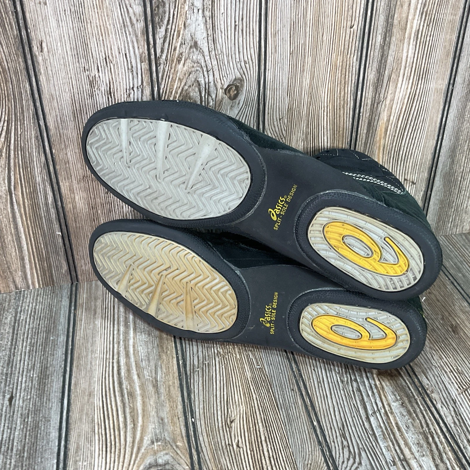 RARA scarpe da ginnastica alte ASICS Kaos JL801 uomo wrestling nero oro taglia 13