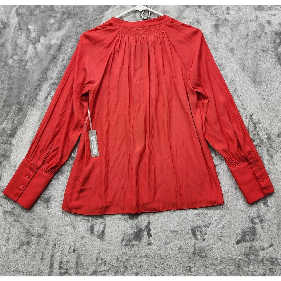 NUEVO Blusa Chelsea28 Top Mujer M Roja Flor de Pascua Fruncida Cuello Dividido Manga Larga Foto 2 de 4