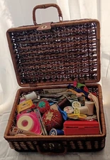 Seamstress Assorted Mixed Sewing Supplies With Wicker Basket