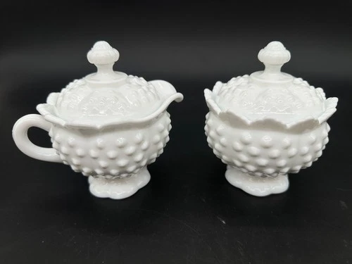 Vintage 1970's Fenton Hobnail Milk Glass Cream and Sugar Set with Lids