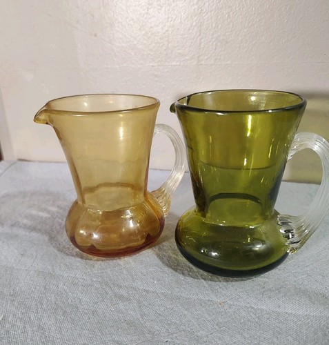 Vtg Small Handblown Glass Creamer Jewel Tone Art Blown Pitcher Handles Vase X2 - Picture 3 of 14