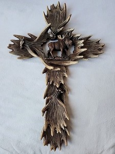 Rustic Faux Moose Antler resin Wall Hanger Cross Religious Christian Hunter