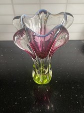 Tschechische Glas Josef Hospodka Chribska Preiselbeere grün Opal Rand Vase - 25 cm - 620