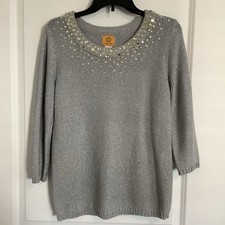 Ruby Rd. Gray Sweater With Rhinestone Embellishments 3/4 Sleeves Size S
