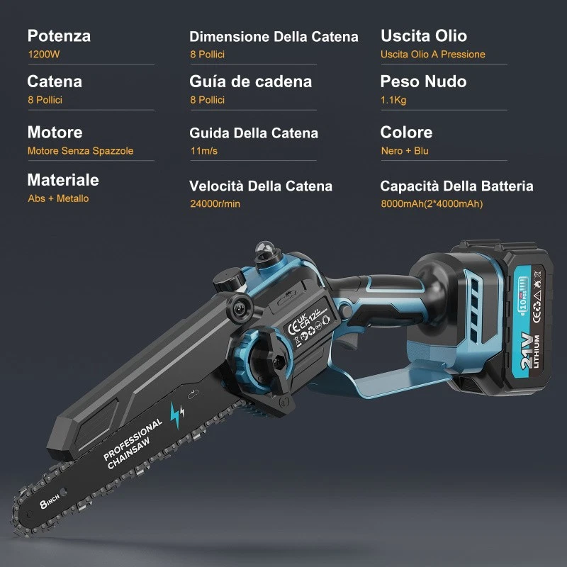 Mini Motosega 8 Pollici Elettrica a Batteria Brushless con 8000mAh 1200W - Immagine 2 di 4