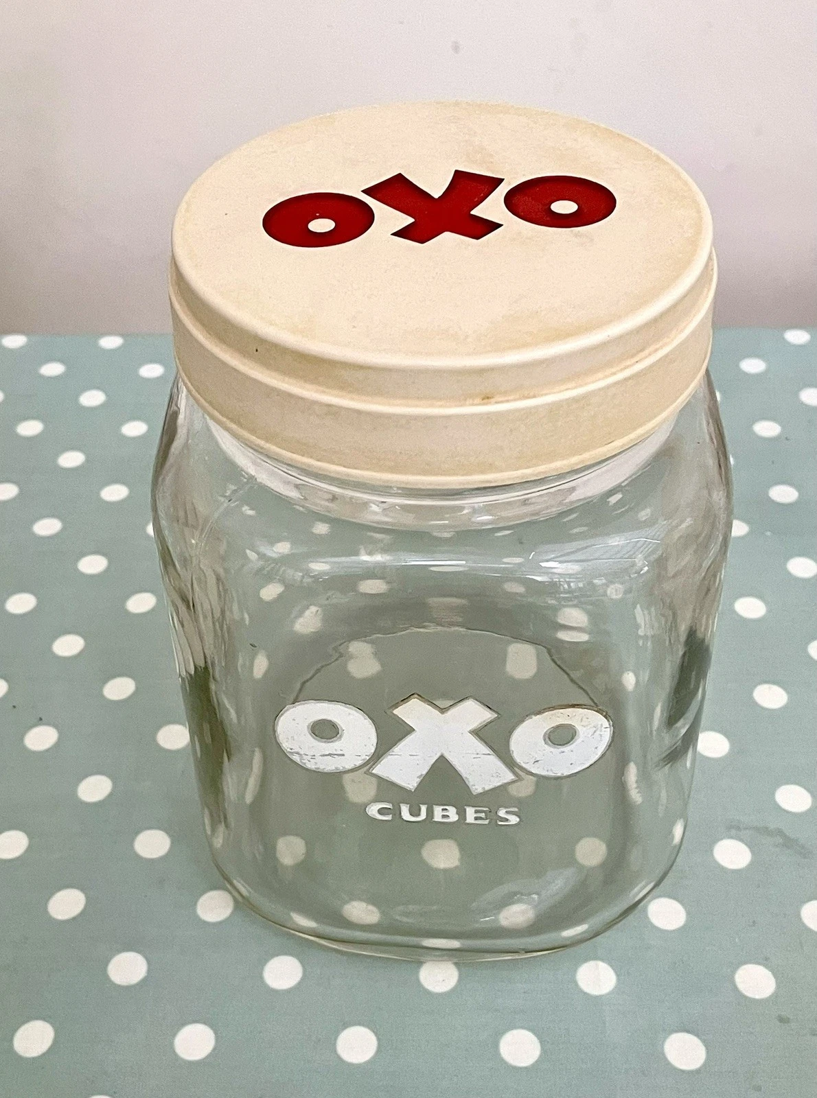 Original Vintage OXO Shop Storage Jar Glass With Screw Top Lid 7”