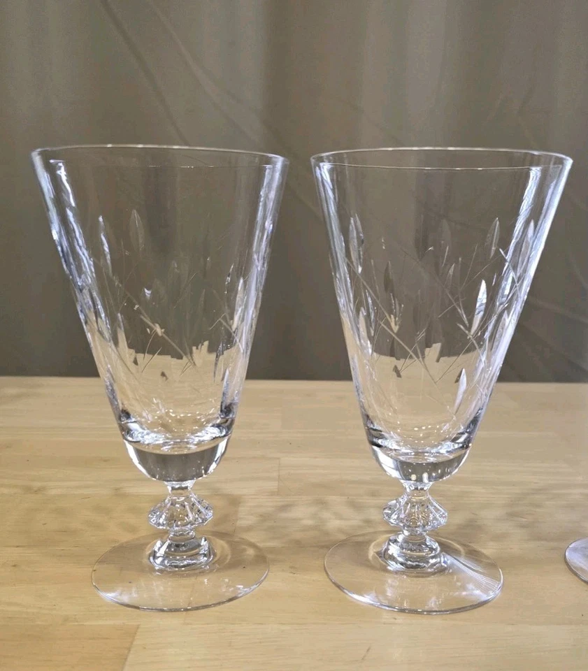 Vintage Duncan & Miller Willow Hand Blown Leaf Cut 6.5" Glasses Set Of 4 - Image 2 of 4