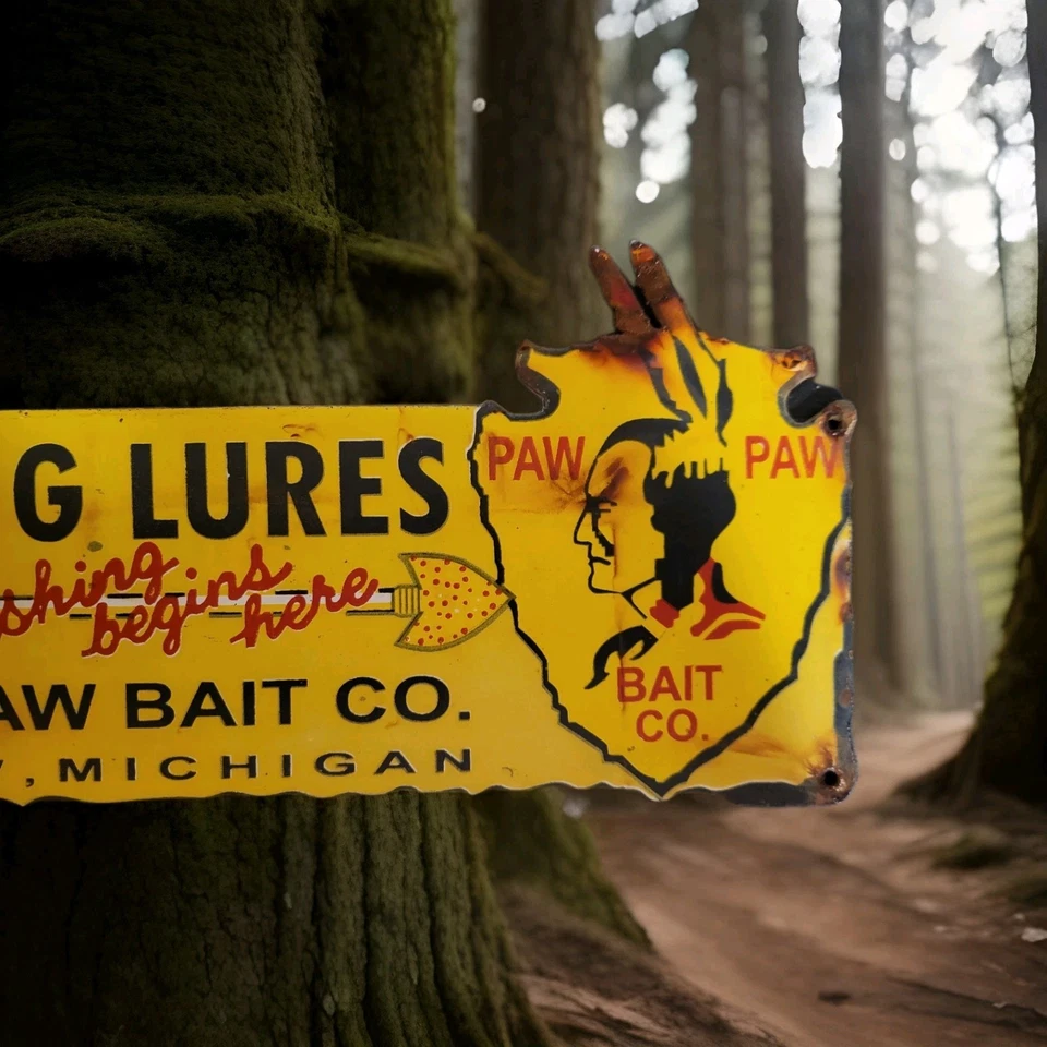 Letrero de porcelana vintage Paw Paw Bait señuelos de cebo de pesca lubina Michigan gasóleo Foto 2 de 4