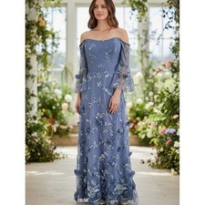 Marchesa Notte Dusty Blue Floral Bridesmaid Gown Tulle Off Shoulder Size 2