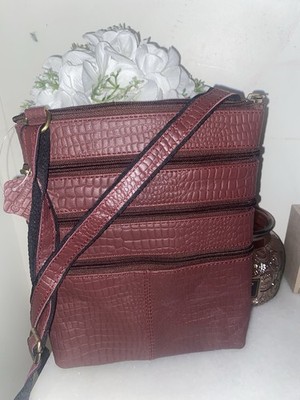100% Genuine Leather Croco Embossed Crossbody Bag Women s Brown Shoulder Strap