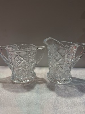 Vintage Imperial Glass Clear Diamond Block Glass Creamer And Sugar