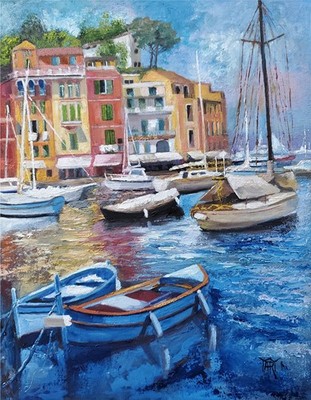 YARY DLUHOS Portofino Italy Sea Harbor Village Boats Original Art Oil Painting