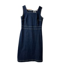 VTG GAP Denim Pencil Dress 4 Square Neck Contrast Stitch Stretch Minimalist Y2K