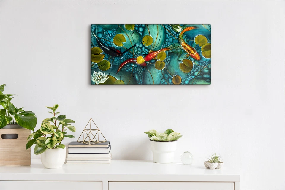 Leinwand Uhr Küche Wohnzimmer Bild 60x30 Malerei Fische Koi Blumen Natur Kunst - Bild 4 von 4