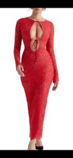 New Women's House of CB Gorgeous Crystal Trim Long Sleeves Lace  Dress Red L+