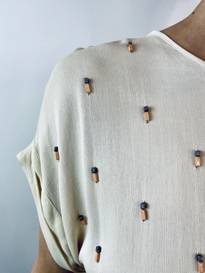 Vestido Nicole Farhi Talla 8 Crema Seda Cambio Cuentas Rosa Verde Corte Diseñador Foto 4 de 4