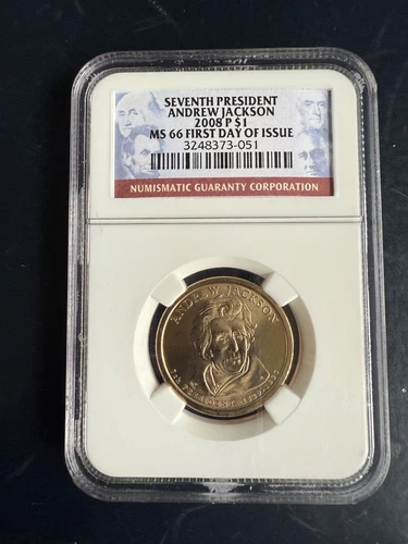 2008-P, One Dollar Coin, Andrew Jackson, Graded NGC MS66, First Day Of Issue