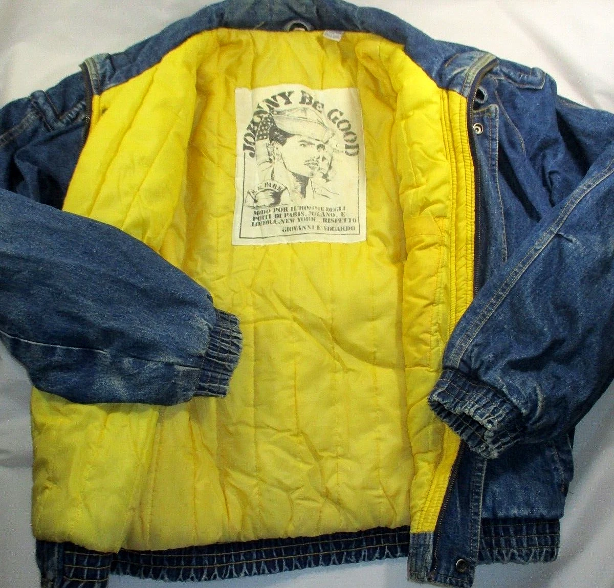 JOHNNY BE GOOD Insulated Denim Bomber Jacket~Men's L~Full Zip~Nylon Lined~Used