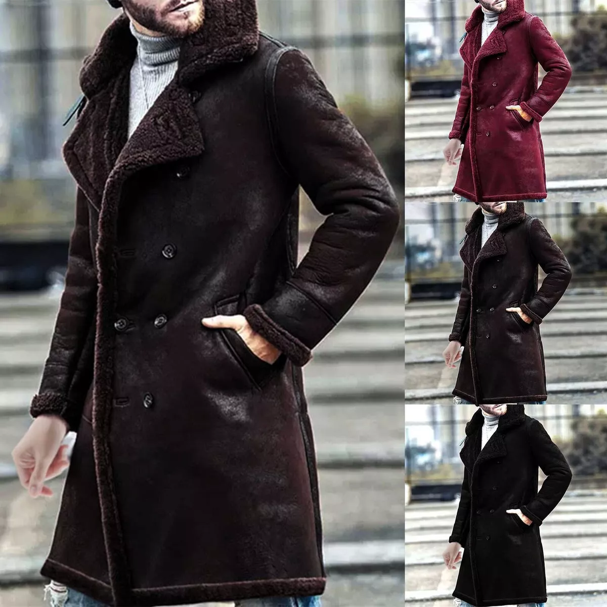 Men Fleece Jacket Double Breasted Winter Lapel Warm Heavy Casual