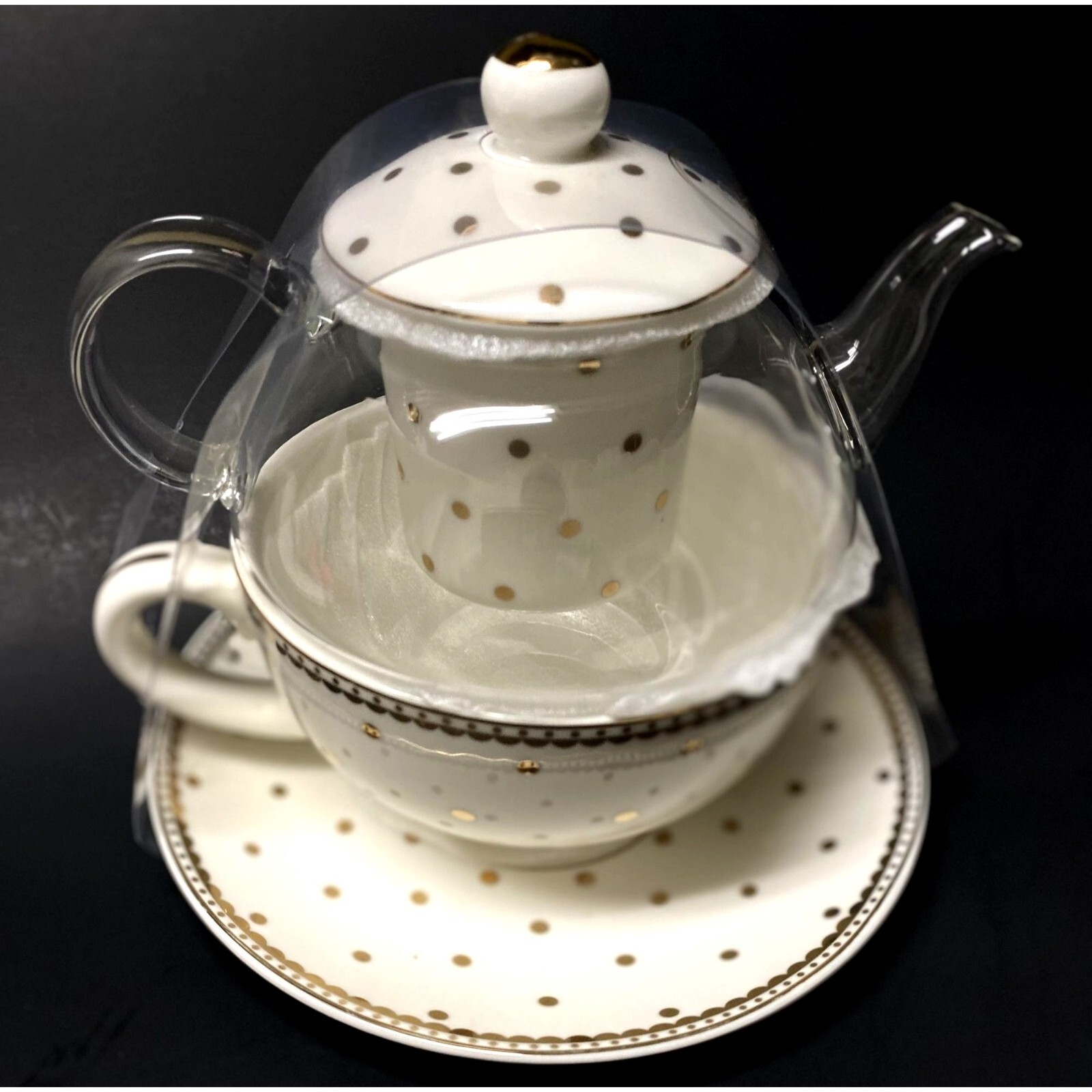 New Grace Tea Teaware for one glass teapot, infuser, porcelain teacup/saucer gol