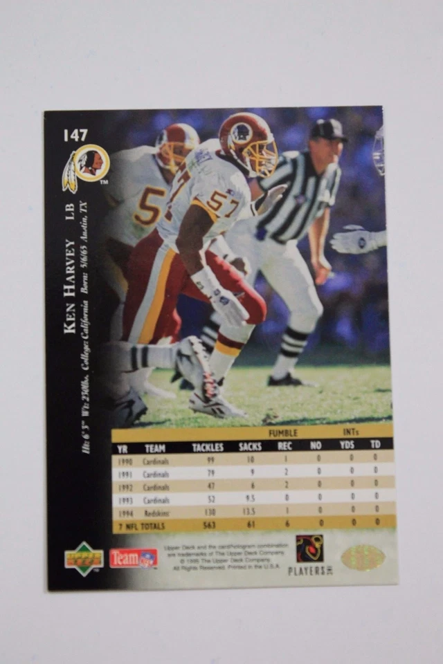 Ken Harvey Washington Redskins Cal Signed 1995 #147 UPPER DECK Autograph 15A - Image 3 of 3