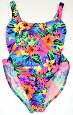 Vintage Swimsuit Backflips Size 11 S/M 80s Orange Pink Yellow Tropical Paradise