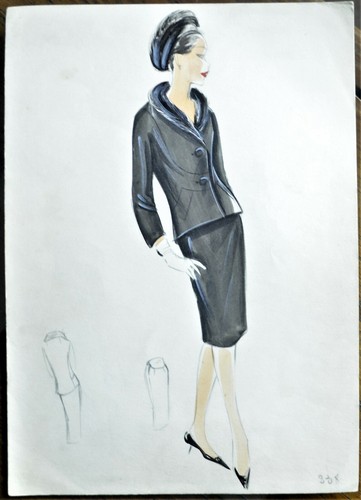 Sketch Original Painting - Mano Dress Fashion Years 50-60 Black Wool
