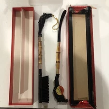 Vintage Black Horse Head Shoe Horn & Shoe Brush Plastic & Genuine Bamboo