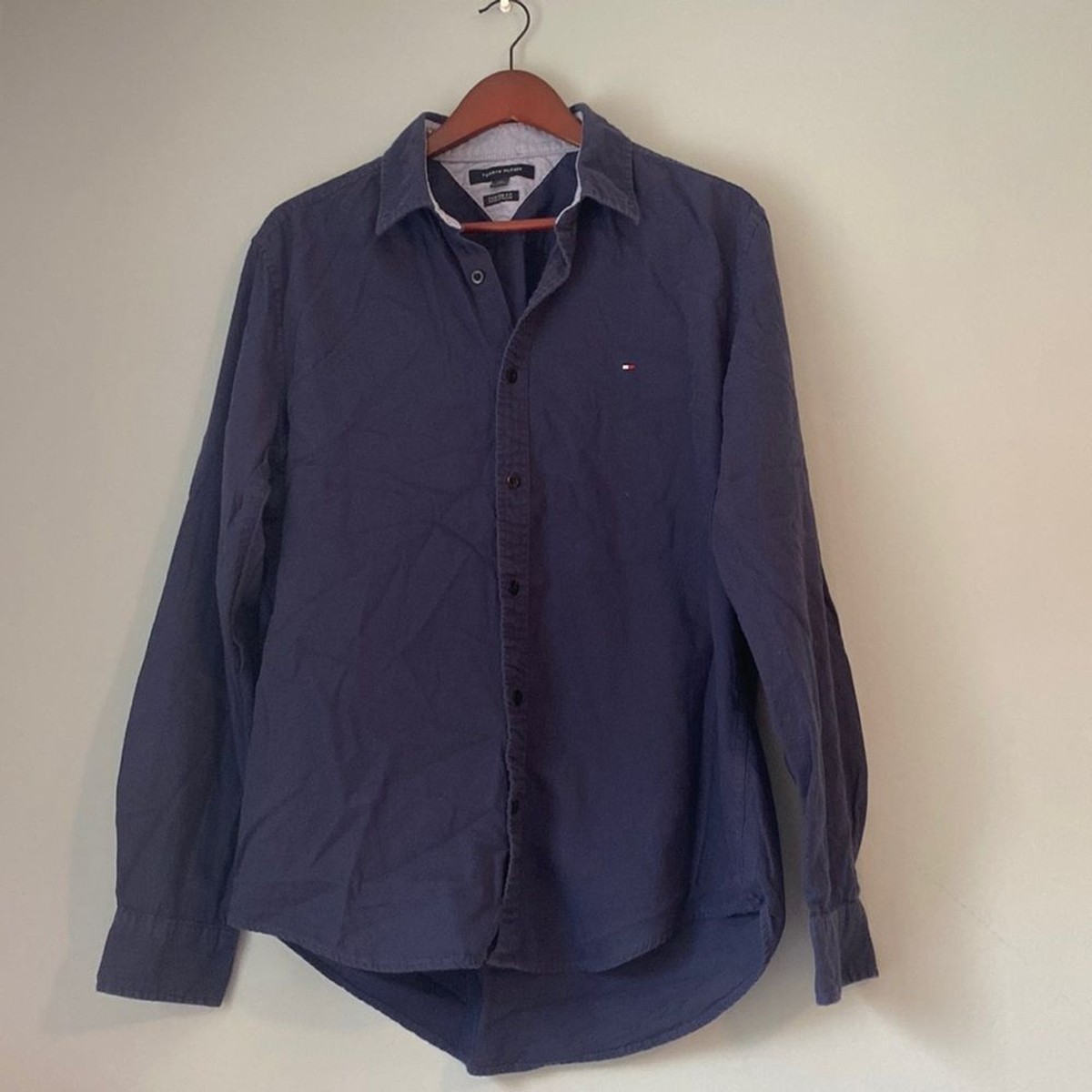 navy blue tommy hilfiger dress shirt Tommy Hilfiger PEACOAT Men's TH Flex Slim Fit Twill Dress Shirt, US 16 32/33