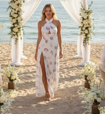 NWT Mumu Weddings White Adele Halter Luxe Satin Maxi Dress Size Large w/ Shells