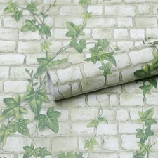 Peel and Stick Wallpaper Brick Wall Paper Green leaves3D BrickStone Self Adhe...