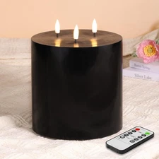 3 Wick Large Black Flameless Pillar Candle with Remote, Flickering Three Wick...