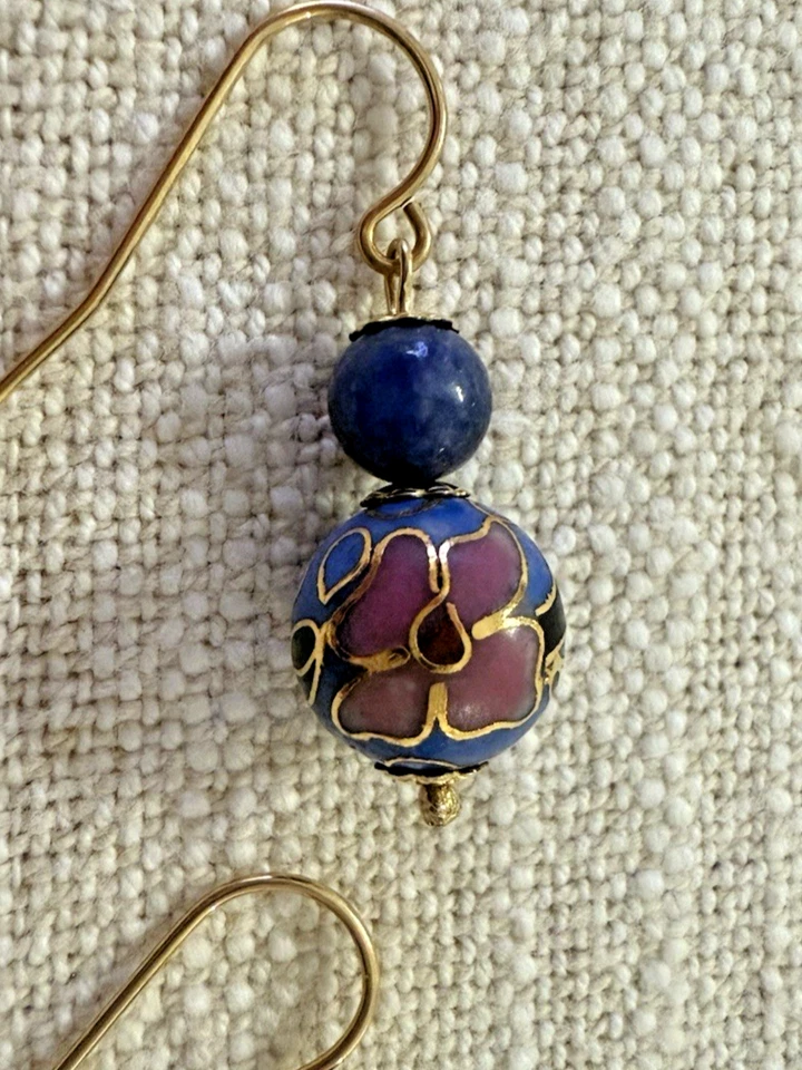Juego de collar y pendientes 14k GF esmalte cloisonné rubí lapislázuli 18 pulgadas alambre para los oídos Foto 2 de 4