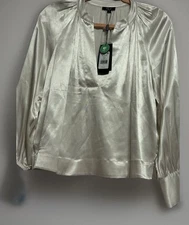 Rails Wynna Satin Long Sleeve V-Neck Women's Blouse Top in Ivory XS
