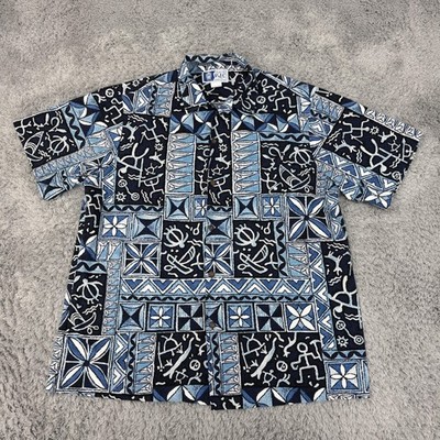 RJC Shirt Mens Large Blue Hawaiian Tiki Aloha Graphic Short Sleeve Button Up