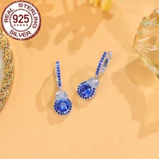 925 Sterling Silver Tanzanite Blue CZ Women Round Huggie Hoop Dangle Earrings 