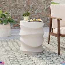 COSIEST 18'' Round Concrete Outdoor Side Table - Lightweight White Drum Accent