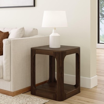 Modern Rounded Square Side Table with Shelf, Solid Wood End Table for Living ...
