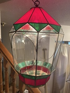 Vintage MCM Stained Glass lTerrarium Swag Hanging Light w/ chain Red Green