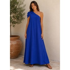 farm rio navy blue one shoulder leaf Maxi Dress Linen Blend Size Medium NWT