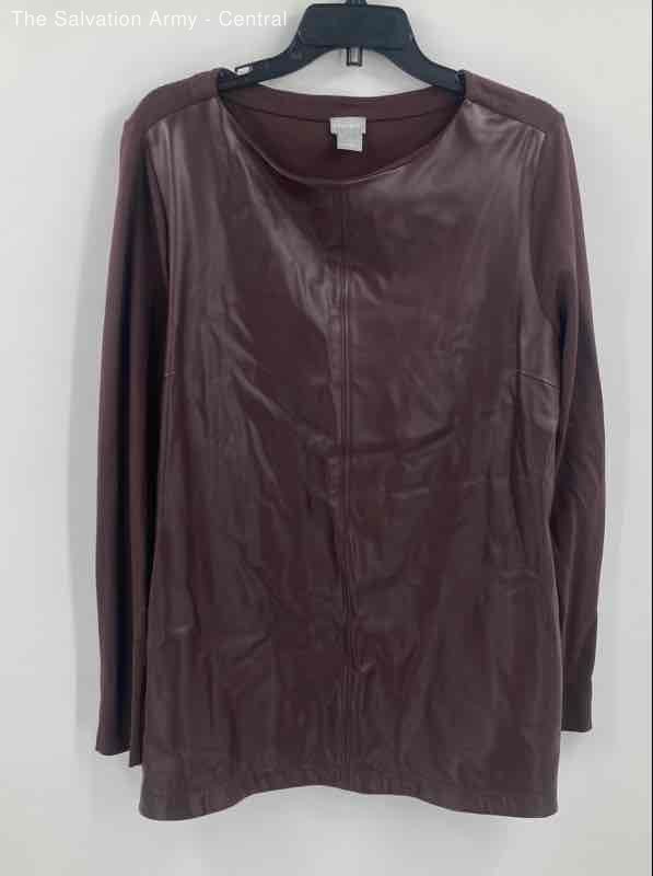 Chico's Womens Brown Faux Leather Long Sleeve Round Neck Blouse Top Size 3