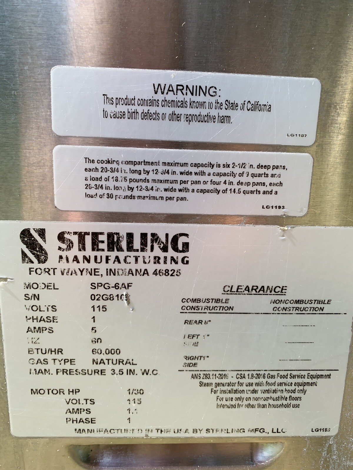 Sterling Countertop Boiless Convection NG Steamer SPG6AF & Stand